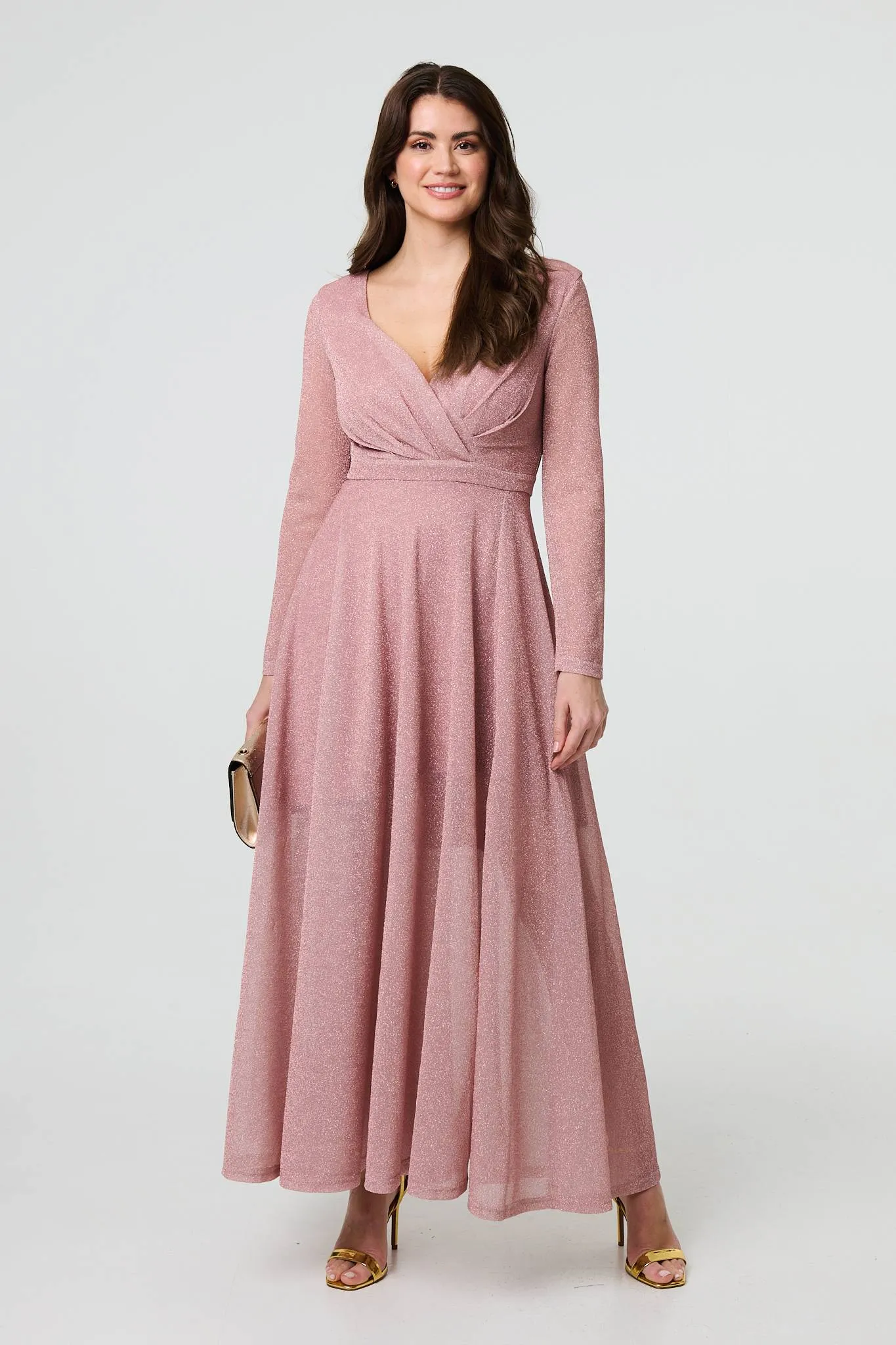 Sparkly V-Neck Long Sleeve Maxi Dress