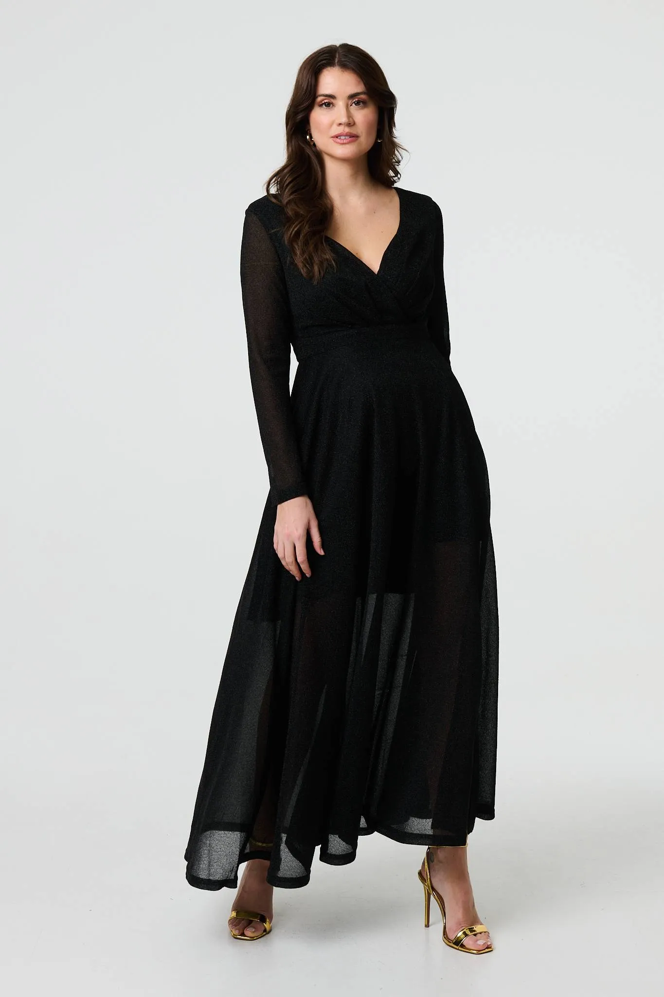 Sparkly V-Neck Long Sleeve Maxi Dress