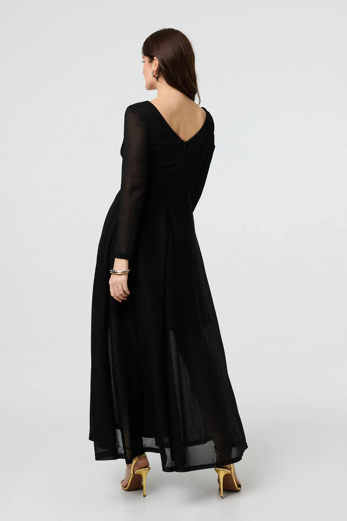 Sparkly V-Neck Long Sleeve Maxi Dress