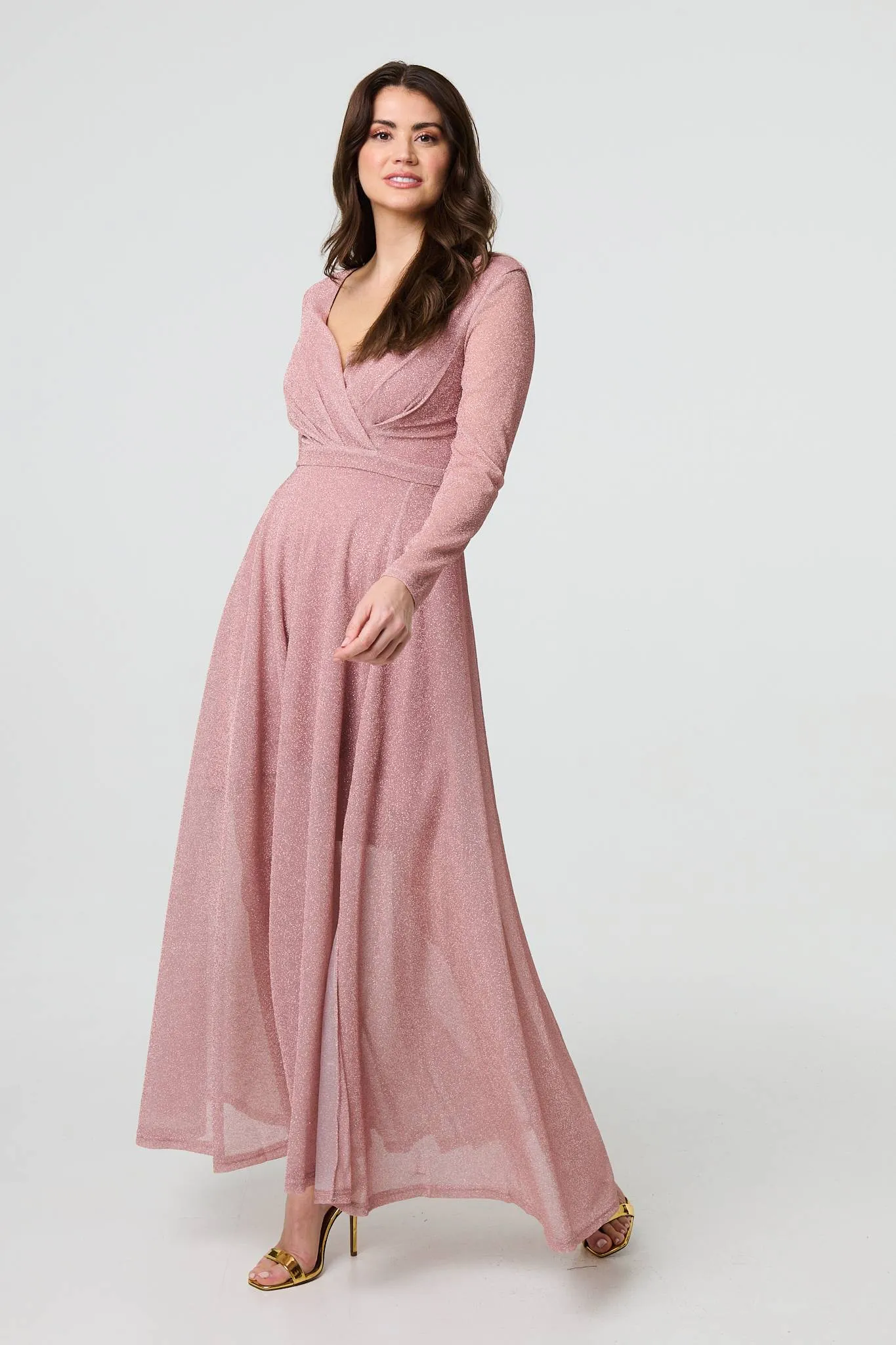 Sparkly V-Neck Long Sleeve Maxi Dress