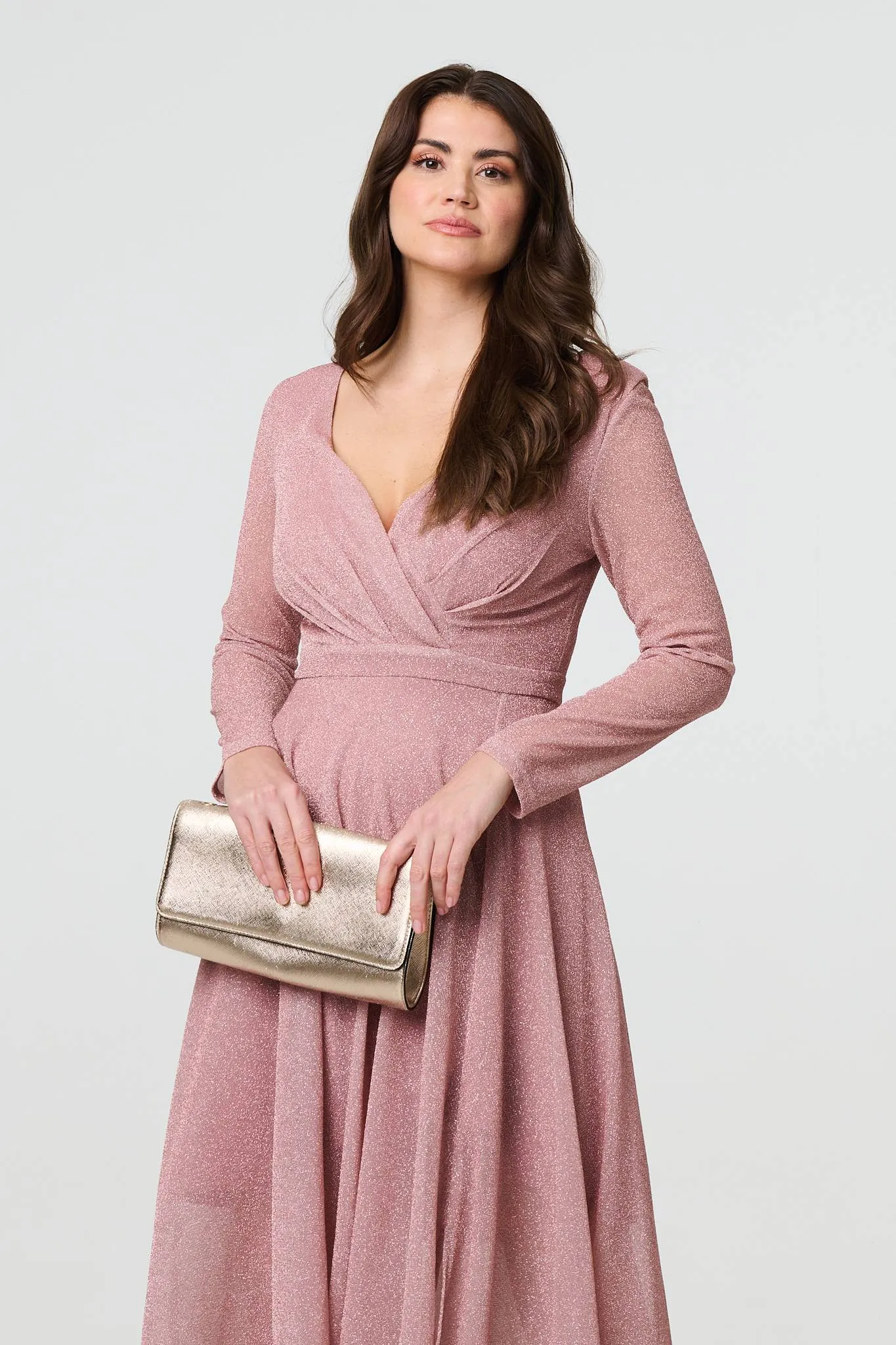 Sparkly V-Neck Long Sleeve Maxi Dress