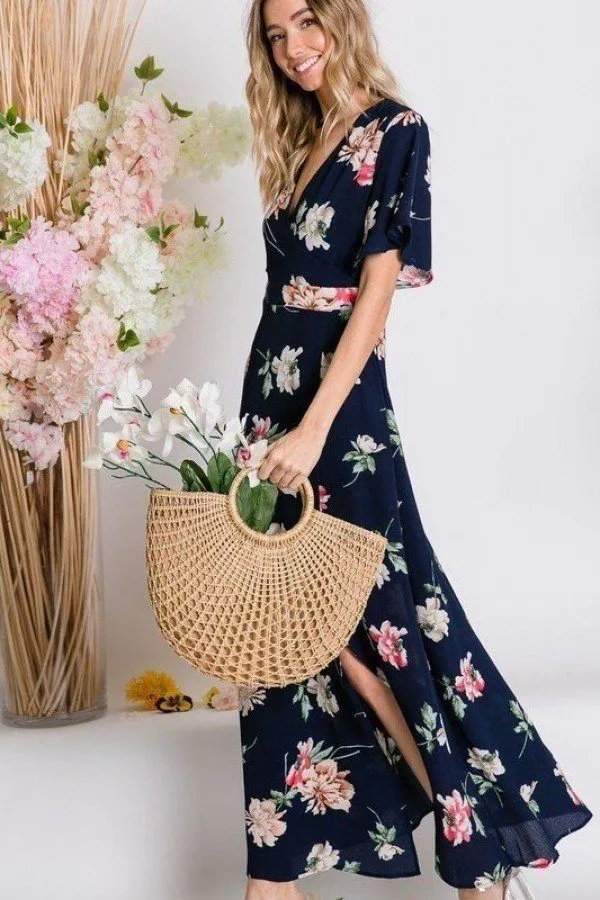 Spring Floral Print Short Bell Flyaway Sleeve Faux Wrap Maxi Dress