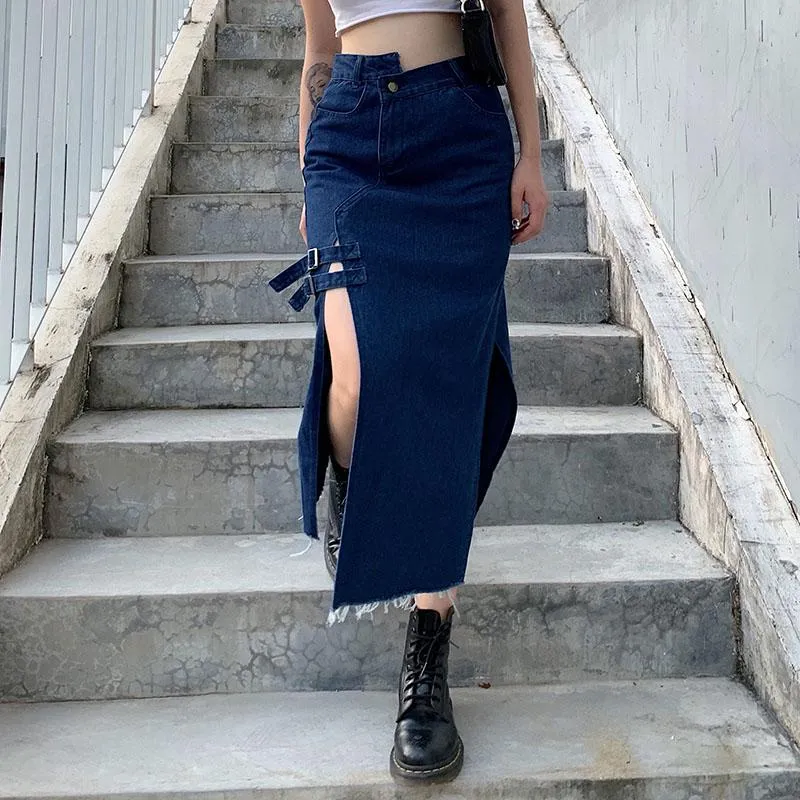 Street Denim Strap Long Skirt SD00538