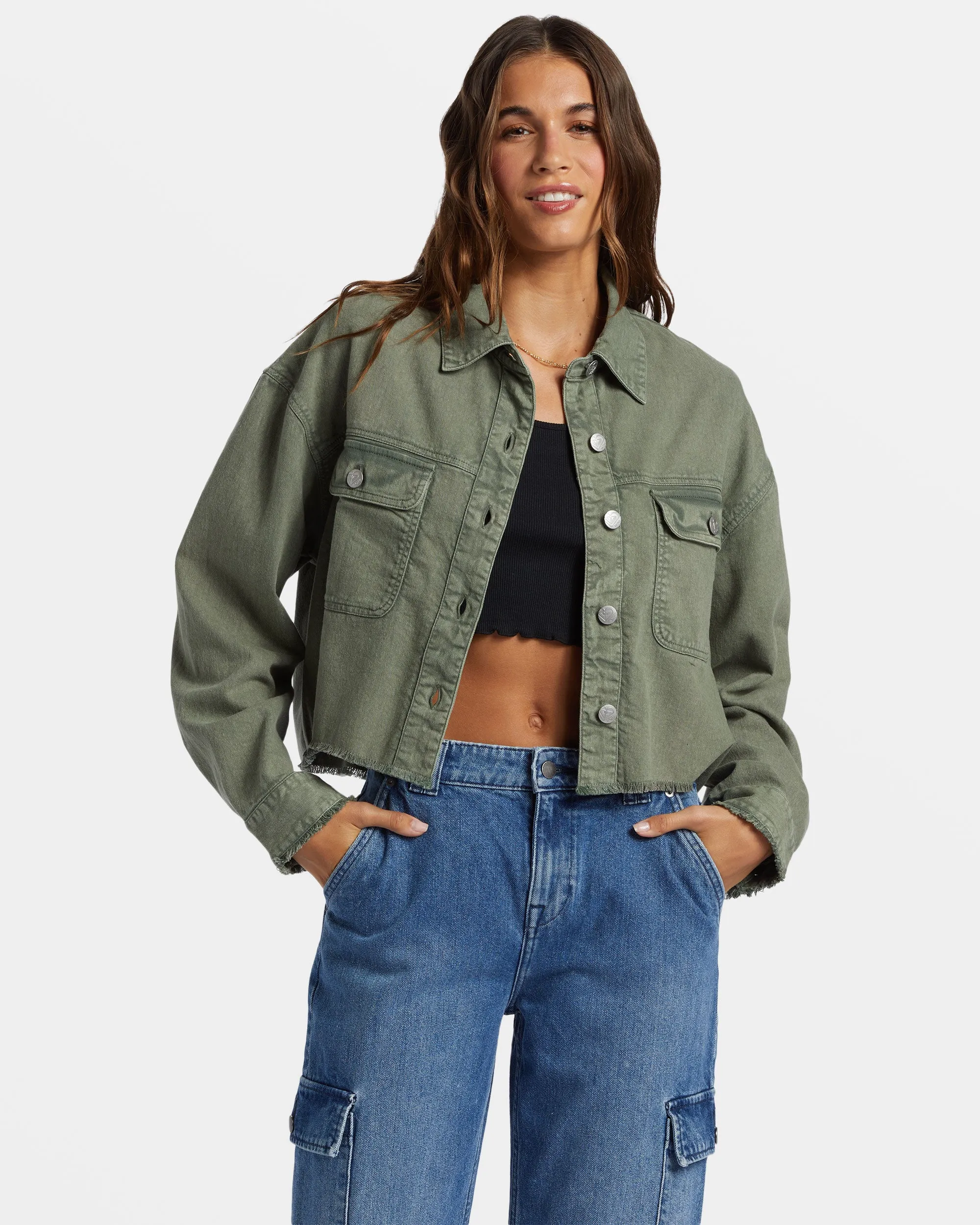 Sunset Sands Cut-Off Shacket - Agave Green