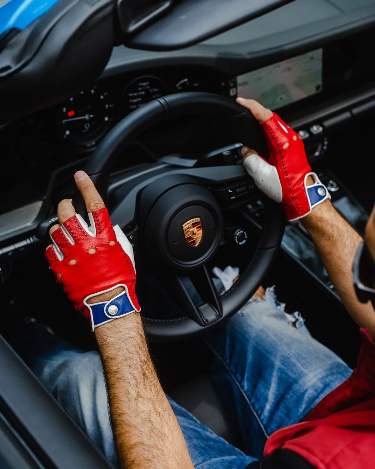 TERTRE ROUGE 24 Heures du Mans - Fingerless Driving Gloves - Racing Red/Bianco Italia/Tour de France Blue