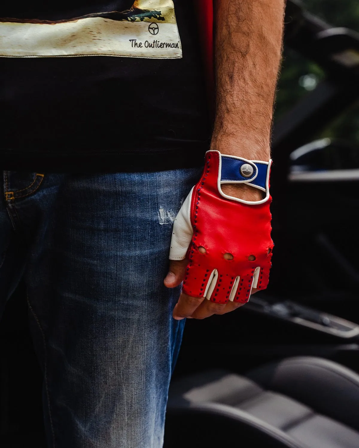 TERTRE ROUGE 24 Heures du Mans - Fingerless Driving Gloves - Racing Red/Bianco Italia/Tour de France Blue