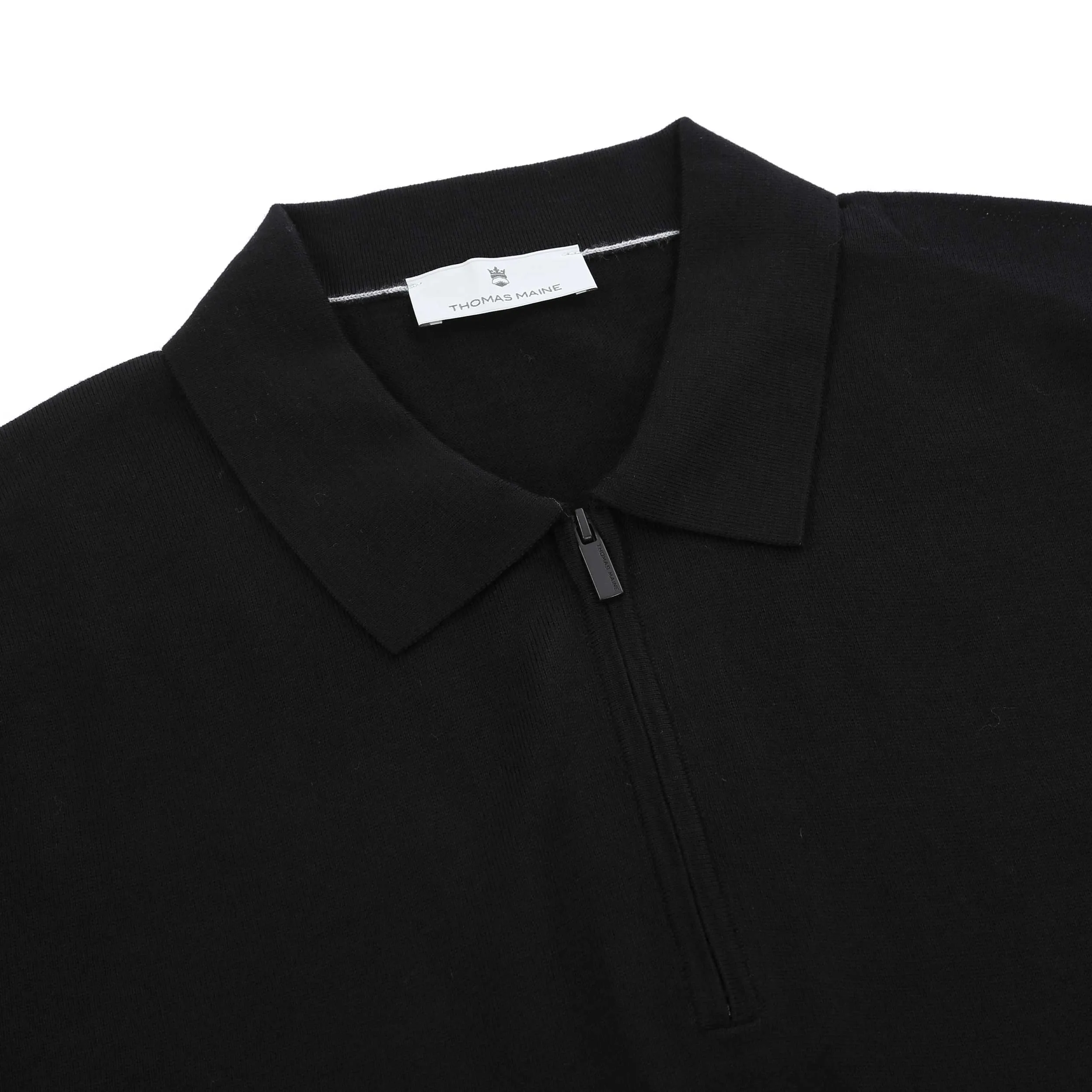 Thomas Maine Zip Knit Merino Polo in Black