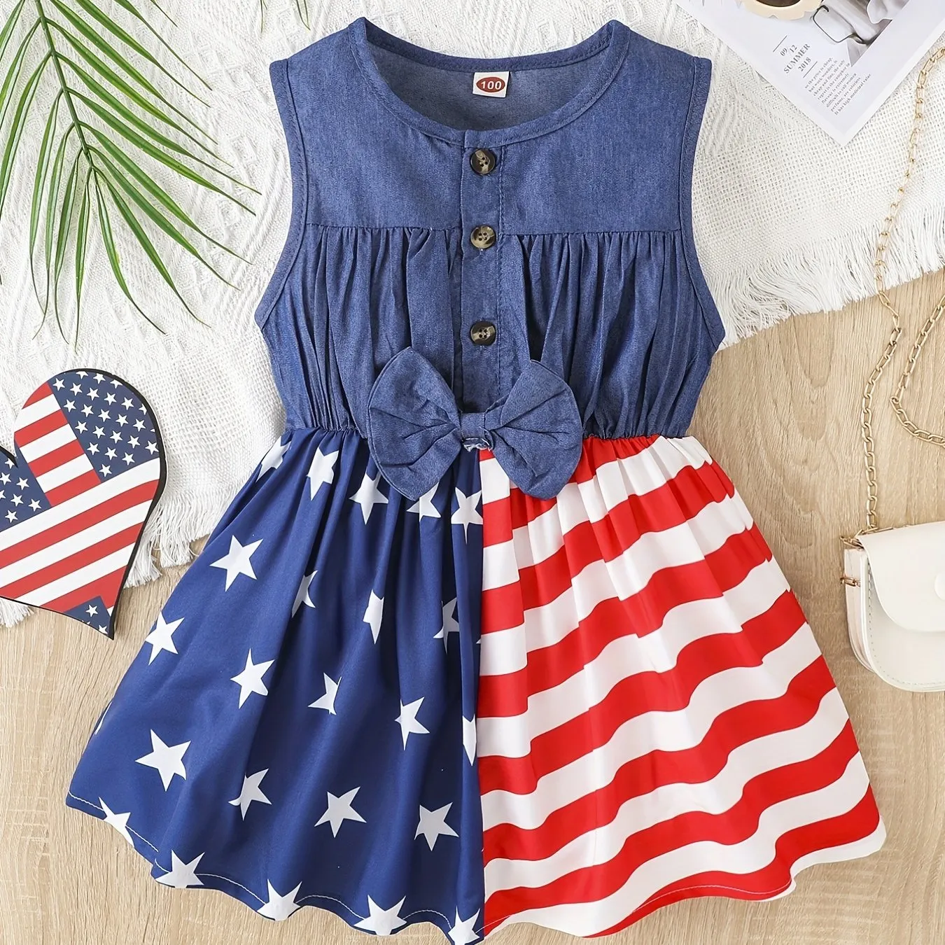 Toddler Girls Festive Denim Dress with Pentagram Stripe Graphic - Adorable Sleeveless Button Bow Design for Independence Day Summer Wear