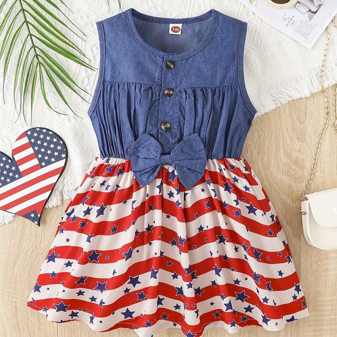 Toddler Girls Festive Denim Dress with Pentagram Stripe Graphic - Adorable Sleeveless Button Bow Design for Independence Day Summer Wear