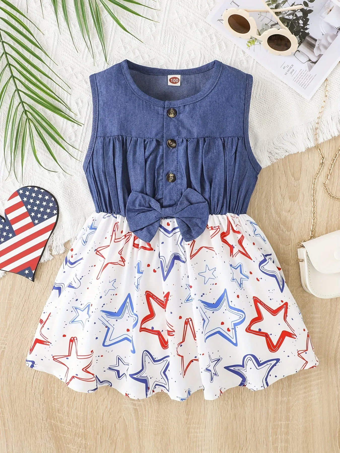 Toddler Girls Festive Denim Dress with Pentagram Stripe Graphic - Adorable Sleeveless Button Bow Design for Independence Day Summer Wear