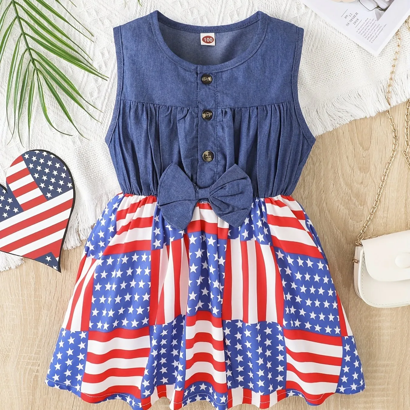 Toddler Girls Festive Denim Dress with Pentagram Stripe Graphic - Adorable Sleeveless Button Bow Design for Independence Day Summer Wear