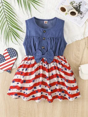 Toddler Girls Festive Denim Dress with Pentagram Stripe Graphic - Adorable Sleeveless Button Bow Design for Independence Day Summer Wear