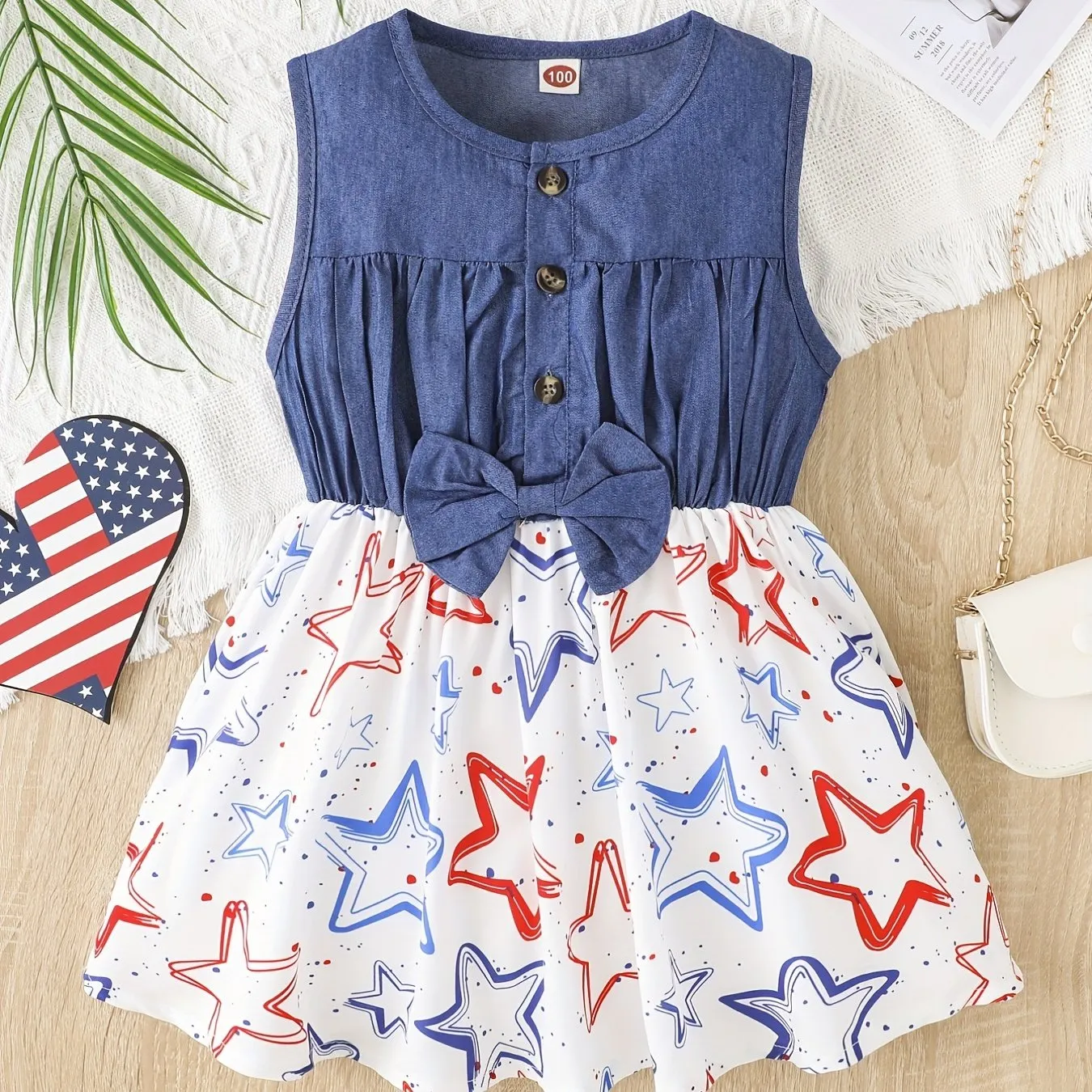 Toddler Girls Festive Denim Dress with Pentagram Stripe Graphic - Adorable Sleeveless Button Bow Design for Independence Day Summer Wear