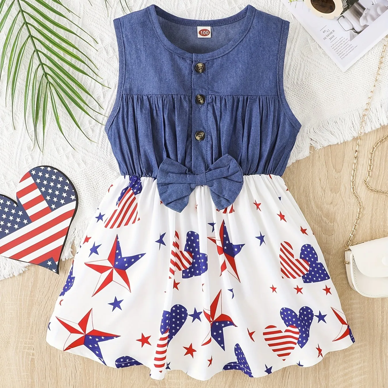 Toddler Girls Festive Denim Dress with Pentagram Stripe Graphic - Adorable Sleeveless Button Bow Design for Independence Day Summer Wear