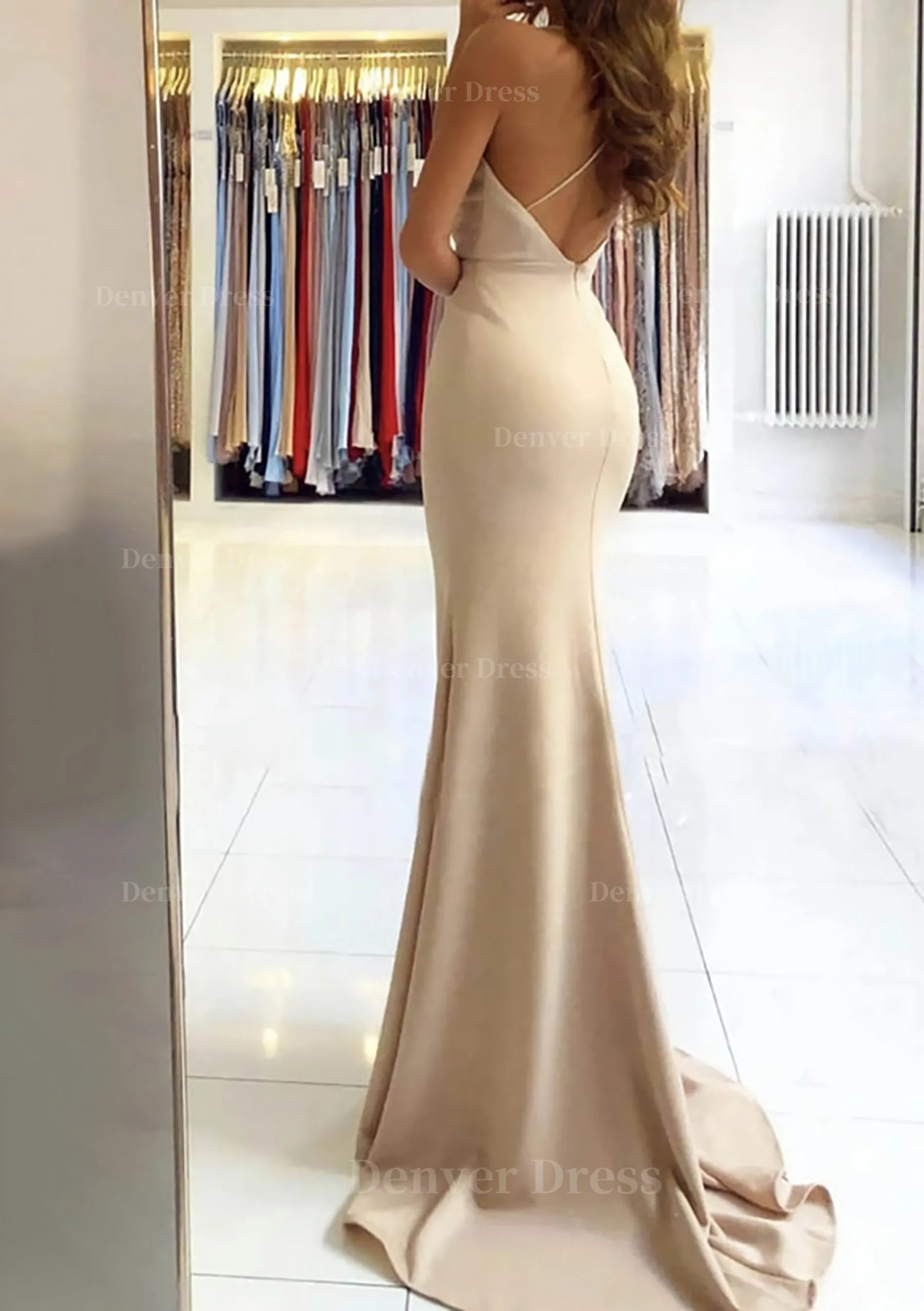 Trumpet/Mermaid V Neck Sleeveless Sweep Train Satin Prom Dress