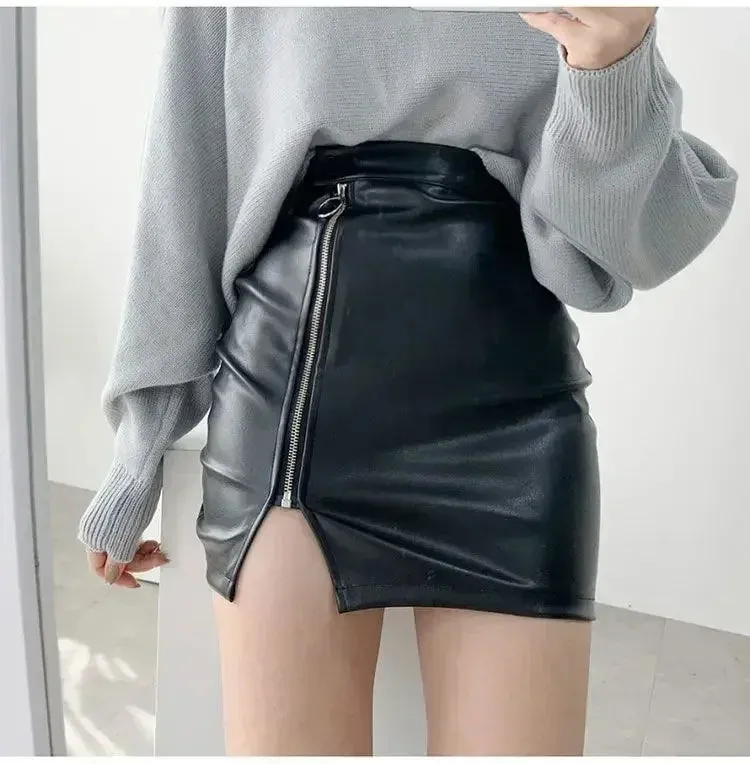 Uniwim Black Mini Sexy Skirt Sexy High Waist Package Hip Pencil Skirt Women Korean Fashion Pu Faux Leather Split Zipper Short Skirts