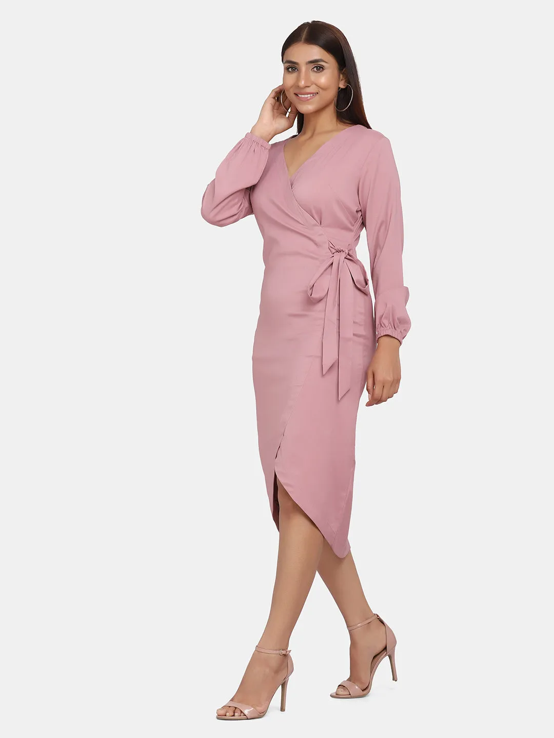 V-Neck Wrap Around Stretch Evening Dress - Blush Pink