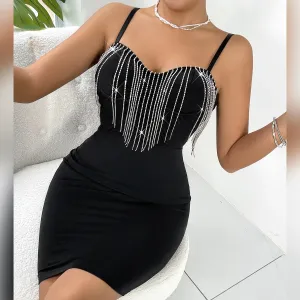 Vemina Fashion Sexy Club Party Glitter Rhinestone Chain TASSEL Halter Dress,Nightclub Backless Spaghetti Strap Slim Hip Skirt