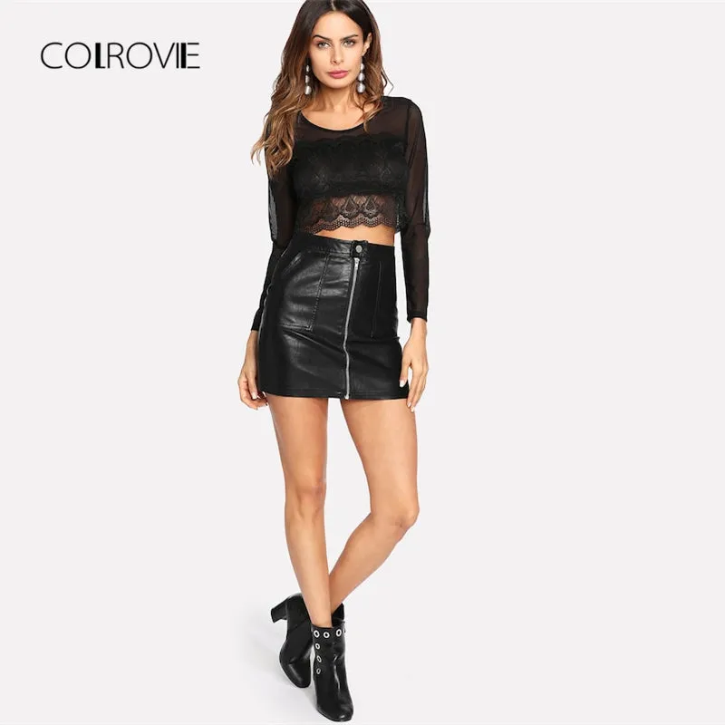 VenusFox Sexy Elegant Black Leather Above Knee Mini Skirt