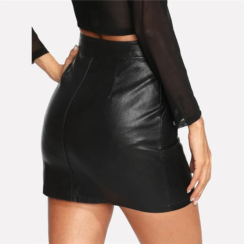 VenusFox Sexy Elegant Black Leather Above Knee Mini Skirt