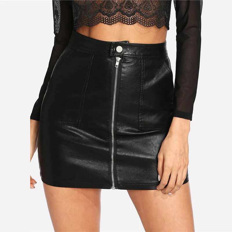 VenusFox Sexy Elegant Black Leather Above Knee Mini Skirt