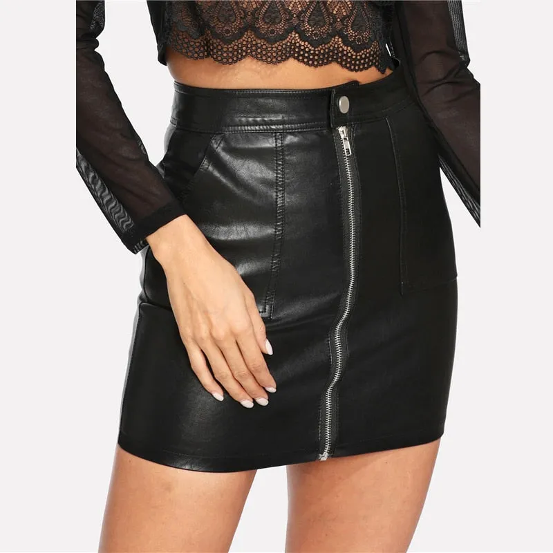 VenusFox Sexy Elegant Black Leather Above Knee Mini Skirt