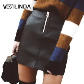 VESTLINDA Sexy Black Zipper Short Skirt Women High waist PU Leather Pencil Mini Skirt Ladies Vintage Retro Office Casual Skirts