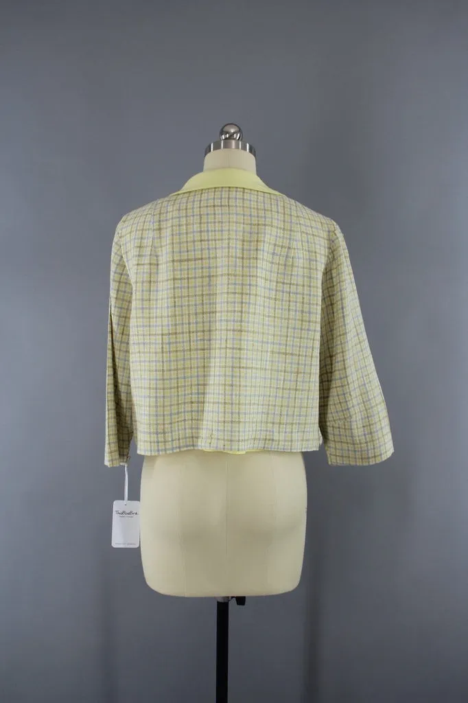 Vintage 1950s Edith Martin Yellow Plaid Linen Cropped Jacket