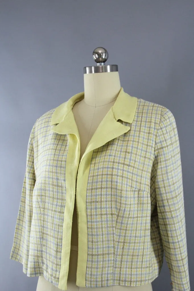 Vintage 1950s Edith Martin Yellow Plaid Linen Cropped Jacket