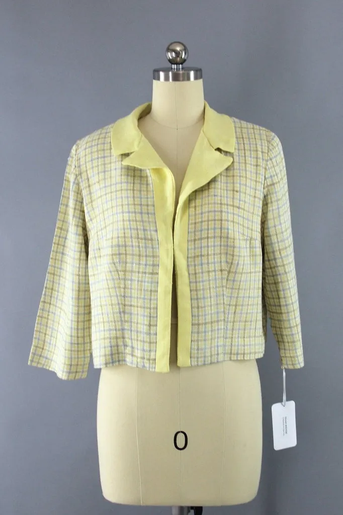 Vintage 1950s Edith Martin Yellow Plaid Linen Cropped Jacket