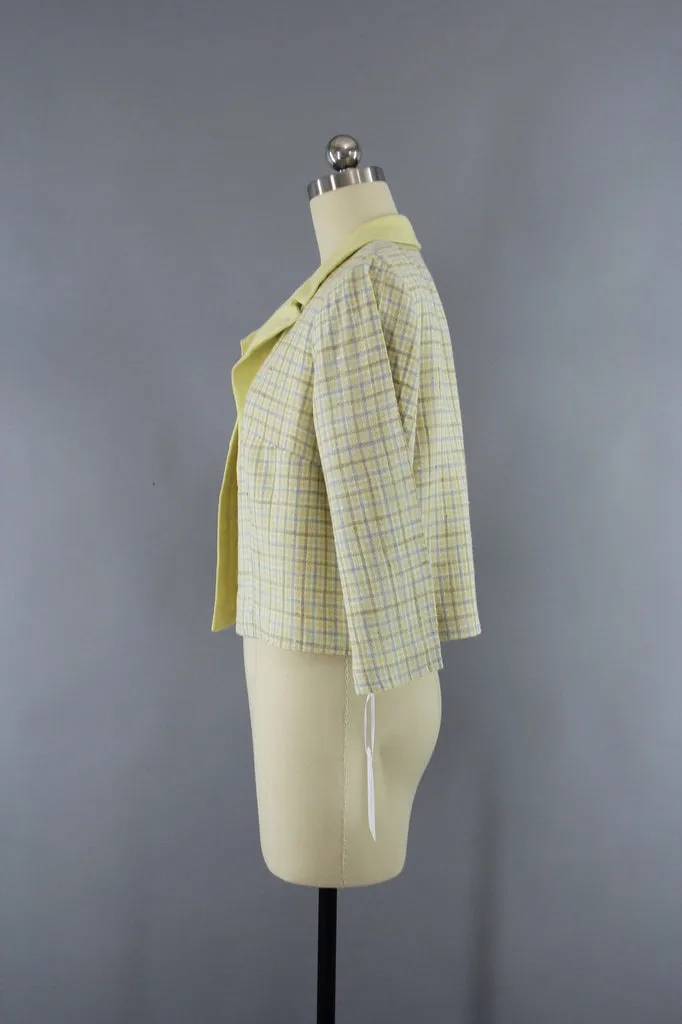 Vintage 1950s Edith Martin Yellow Plaid Linen Cropped Jacket