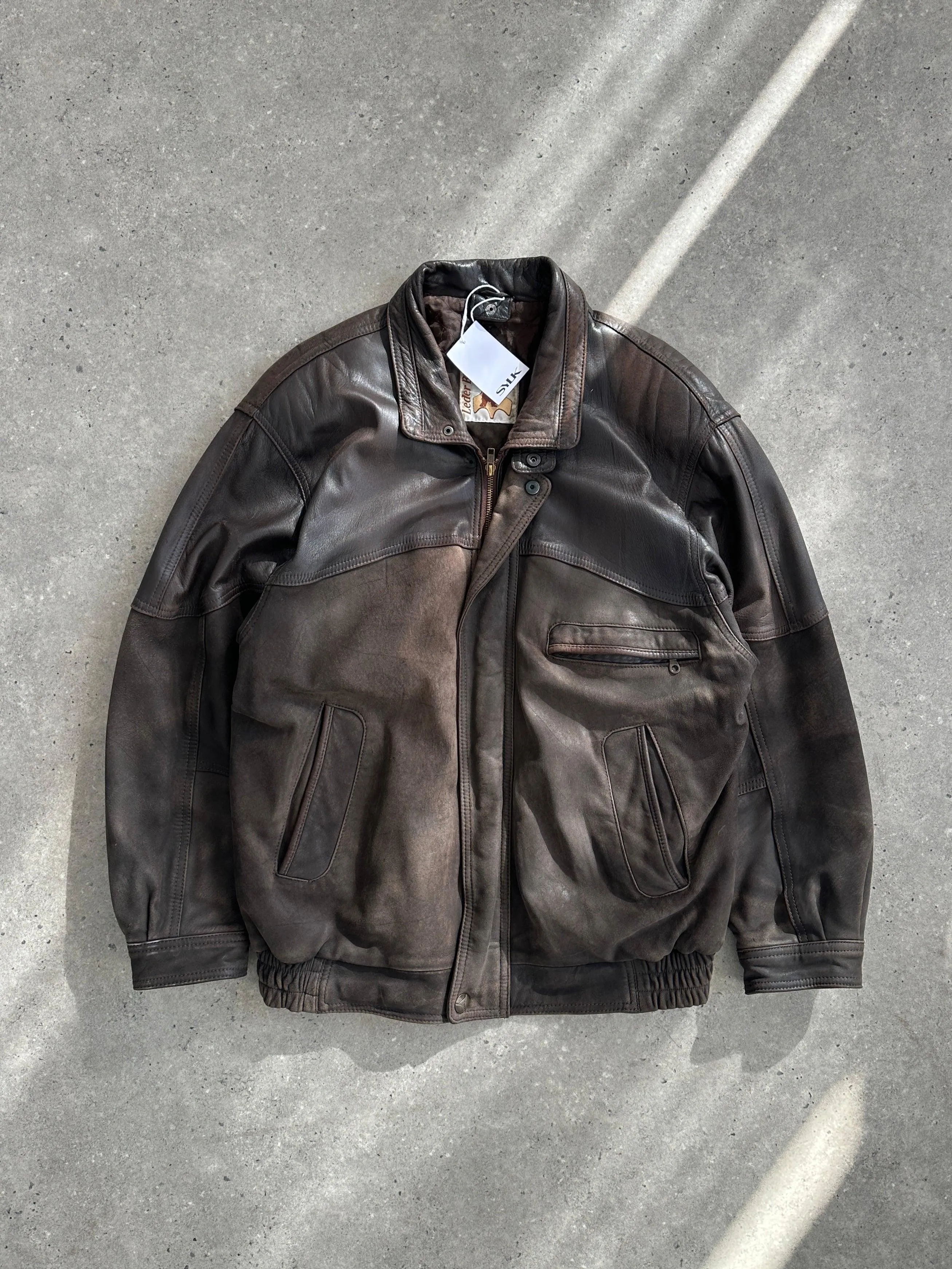 Vintage Aged Leather Bomber Jacket - L