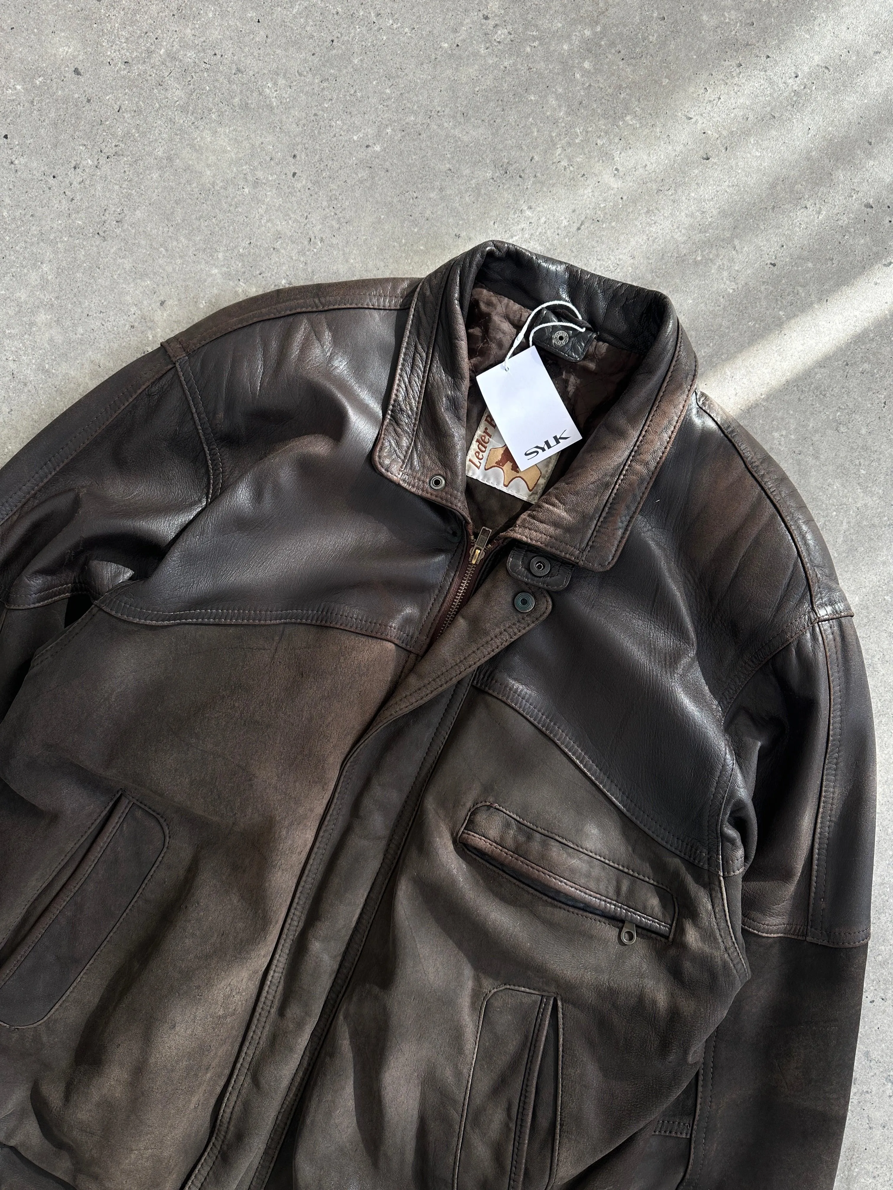 Vintage Aged Leather Bomber Jacket - L