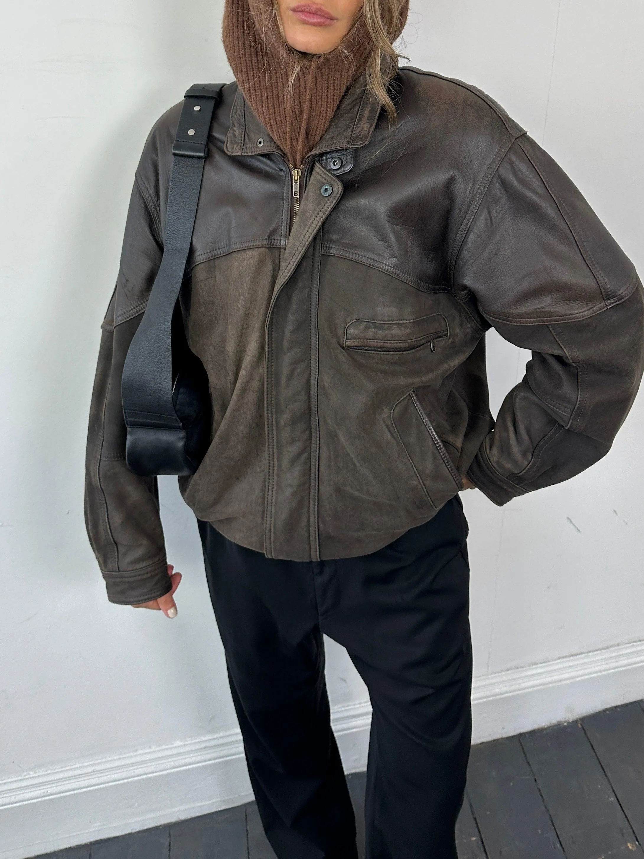 Vintage Aged Leather Bomber Jacket - L