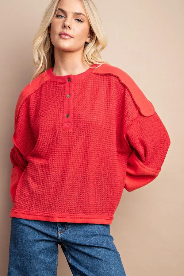 Waffle Knit And Fleece Contrast Henley Top With Button Front