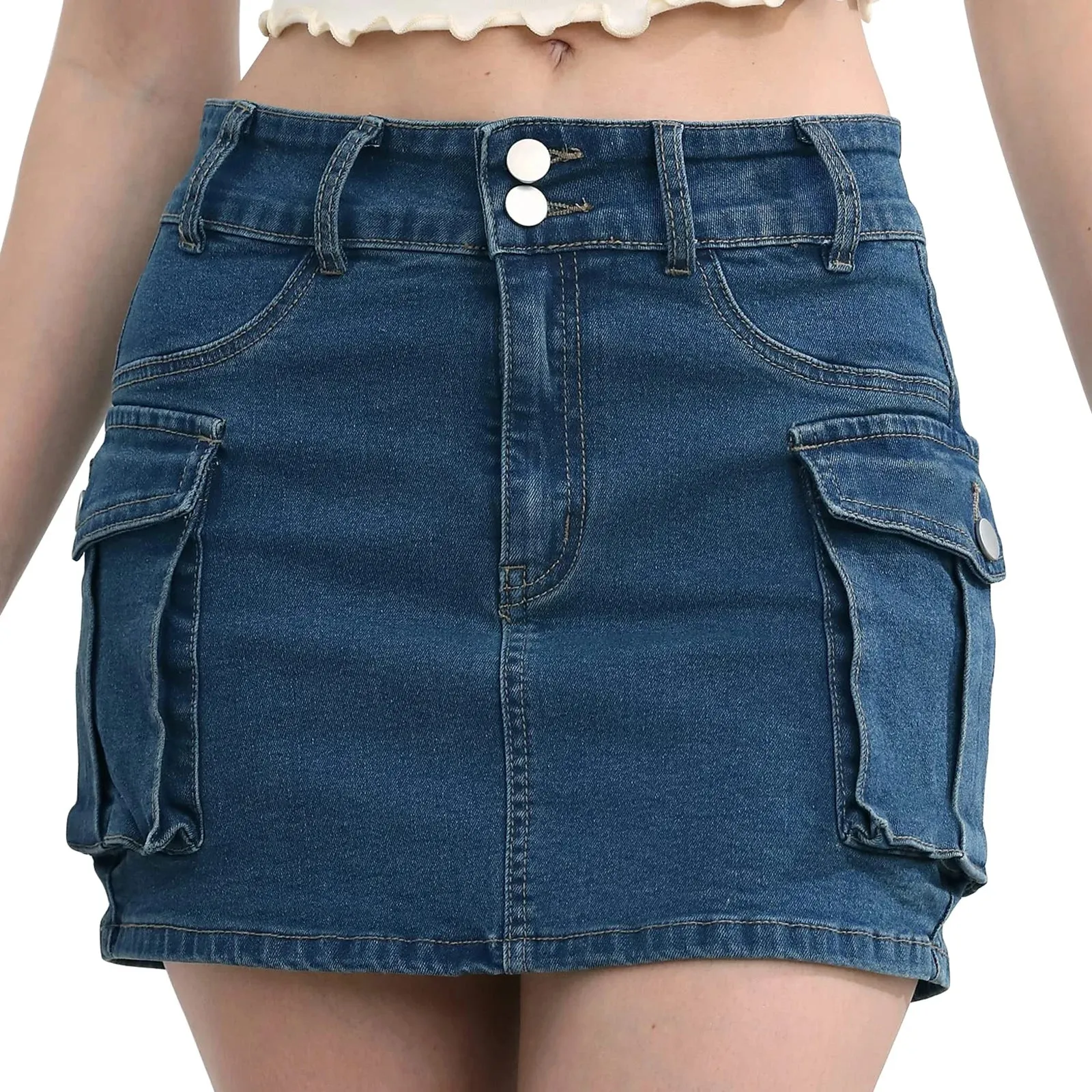 Waist Bodycon Mini Cargo Casual Button Short Denim with Pocket Y2k Streetwear Low Skirt