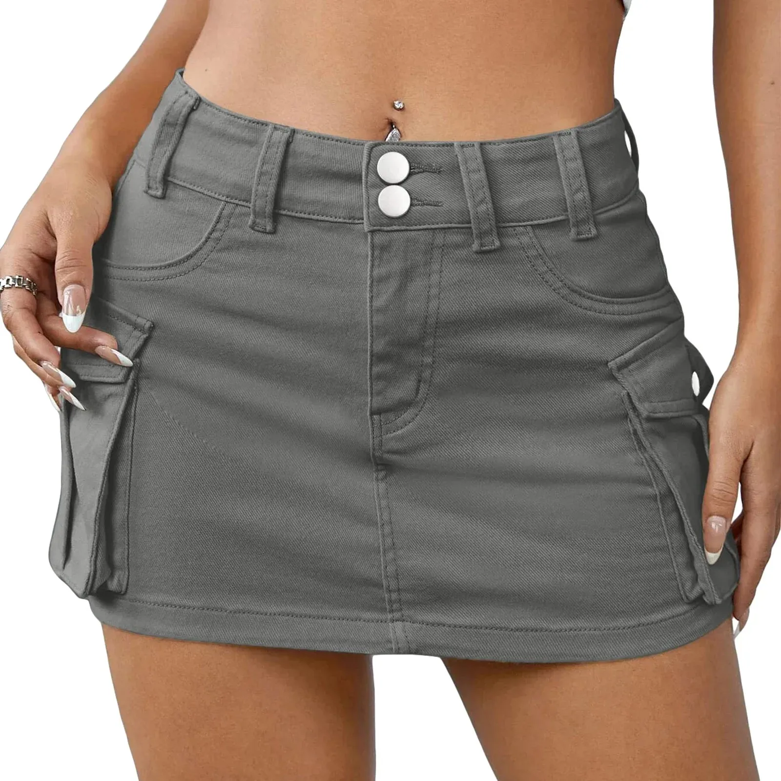 Waist Bodycon Mini Cargo Casual Button Short Denim with Pocket Y2k Streetwear Low Skirt