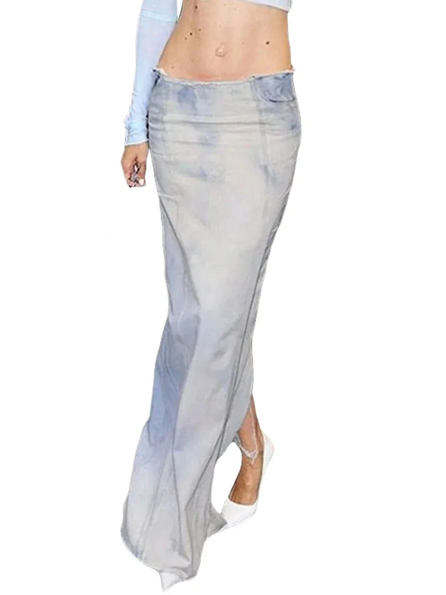 Waist Denim Y2K Split Front Hem Raw Trim A line Long Flare Jean Midi Denim For Women High Skirt