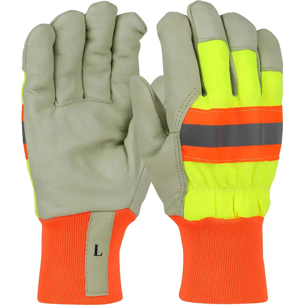 West Chester HVY1555/XL Pigskin Leather Palm Glove with Nylon Hi-Vis Back and 3M Thinsulate Lining - Knit Wrist