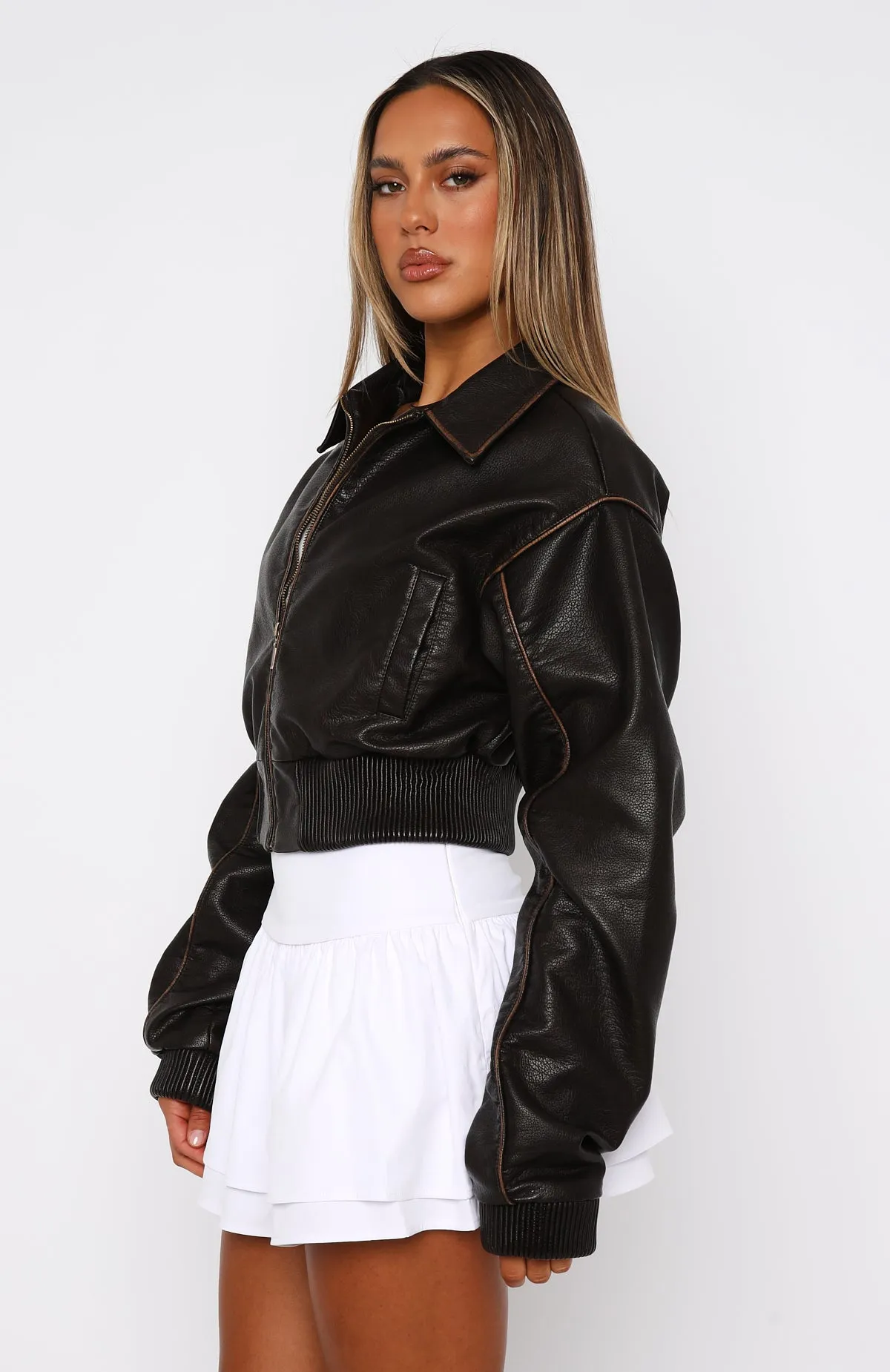 Wise Beyond PU Bomber Jacket Chocolate