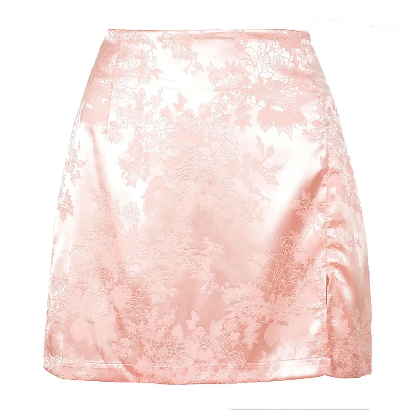 Wjczt Women Summer Elegant Jacquard Satin Skirt Sexy High Waist Mini Skirt Vintage Zipper Pencil skirt with side Slit Y2K 2000s 90s