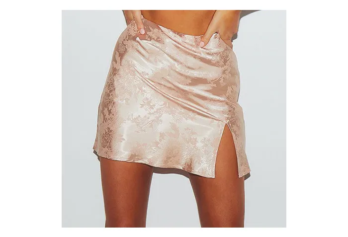 Wjczt Women Summer Elegant Jacquard Satin Skirt Sexy High Waist Mini Skirt Vintage Zipper Pencil skirt with side Slit Y2K 2000s 90s