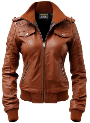 Women Leather Jacket Brown Bomber