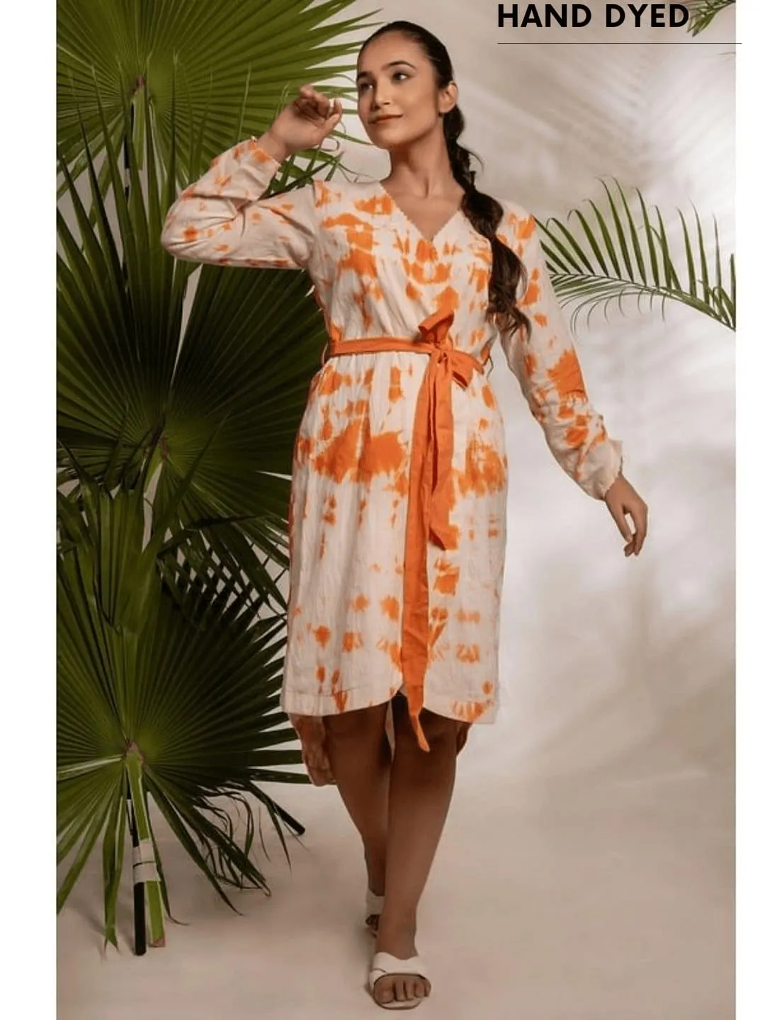 Women Orange  Wrap Tie & Dye Dress