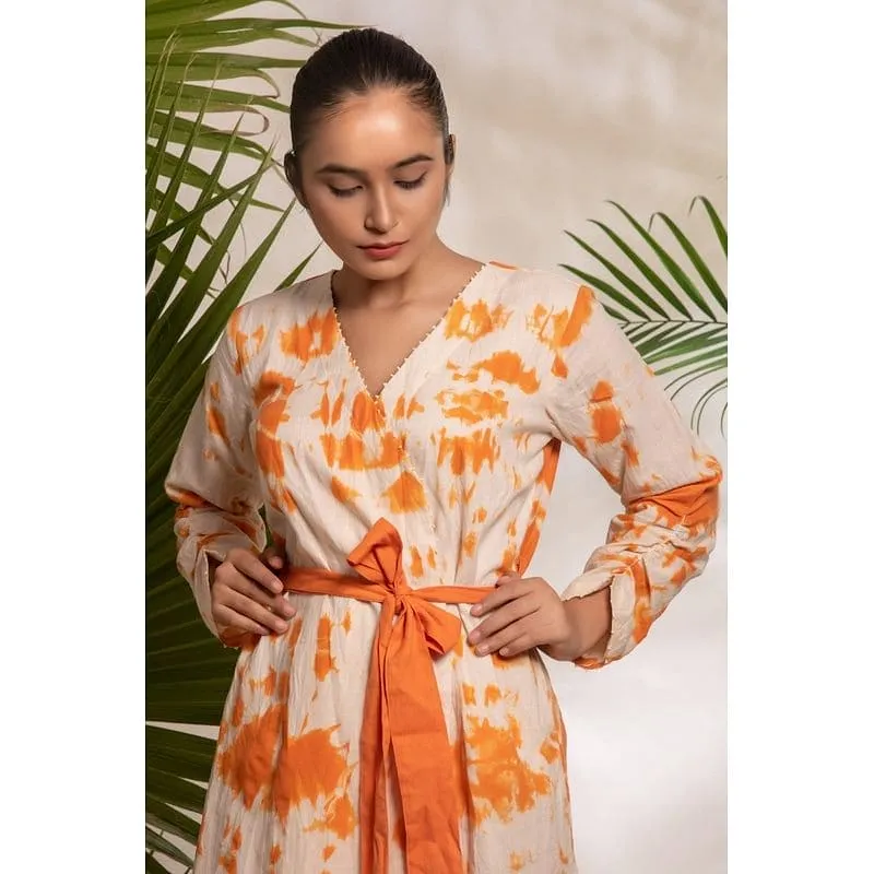 Women Orange  Wrap Tie & Dye Dress