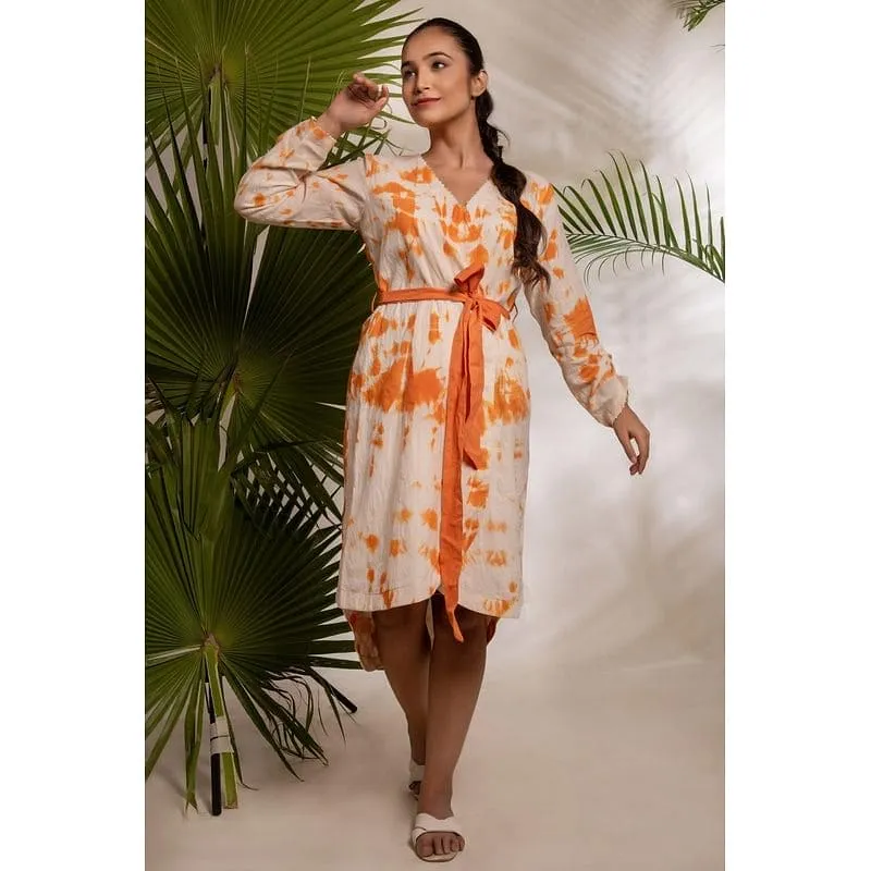 Women Orange  Wrap Tie & Dye Dress