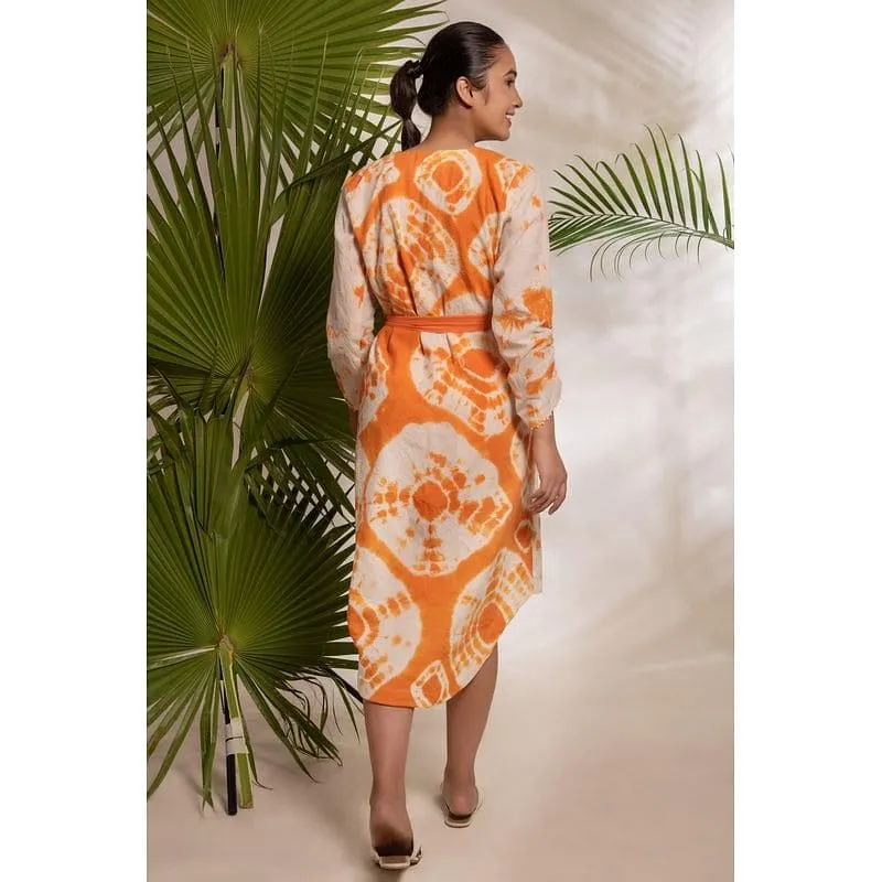 Women Orange  Wrap Tie & Dye Dress