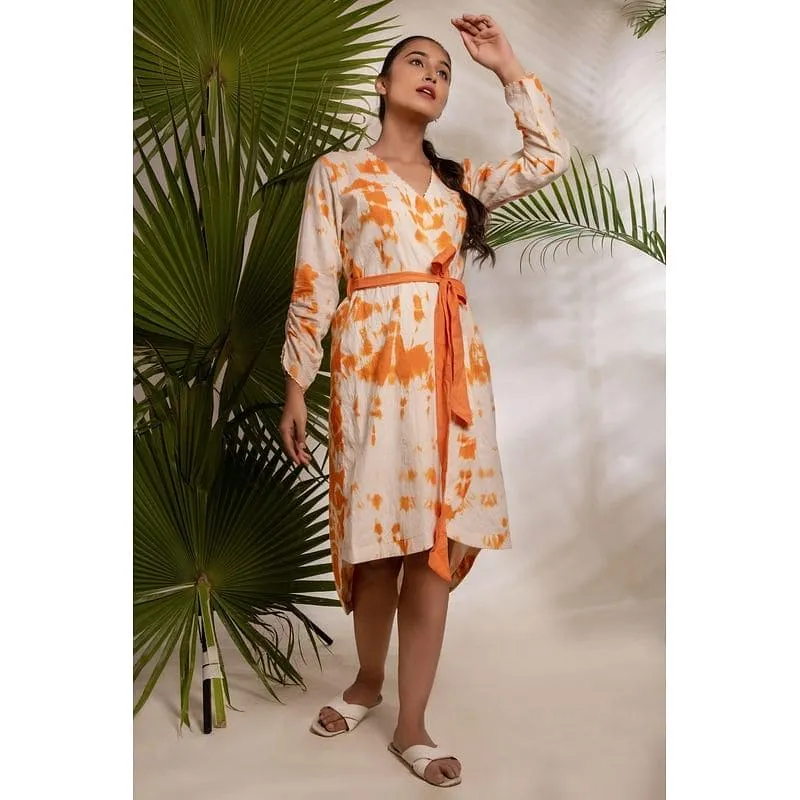 Women Orange  Wrap Tie & Dye Dress