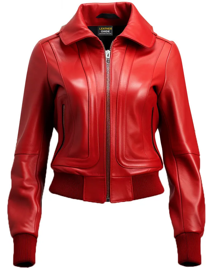 Women Red Bomber Leather Jacket