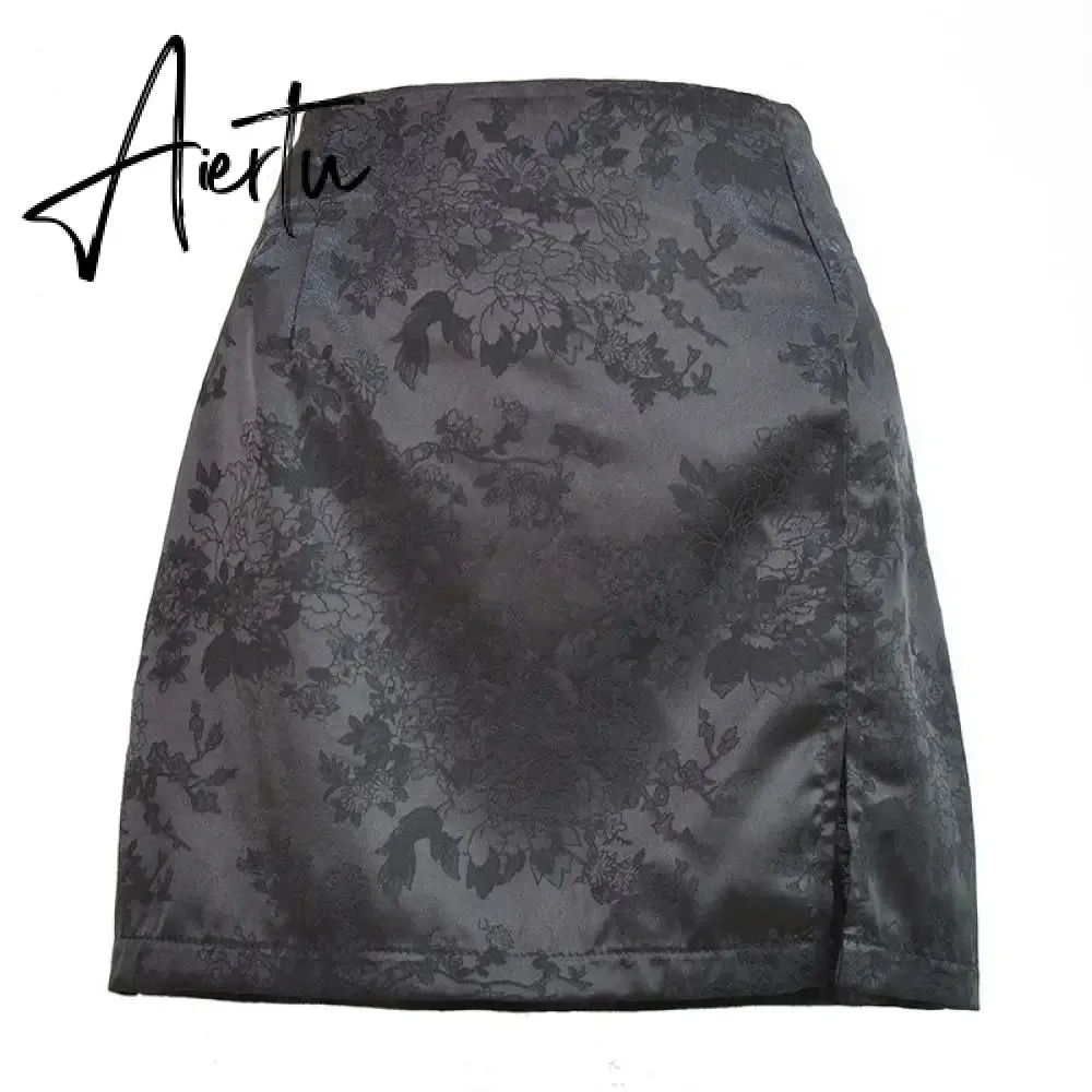 Women Summer Elegant Jacquard Satin Skirt Sexy High Waist Mini Skirt Vintage Zipper Pencil skirt with side Slit Y2K 2000s 90s